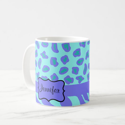Turquoise & Lavender Zebra & Cheetah Gepersonalise Koffiemok (Voorkant links)