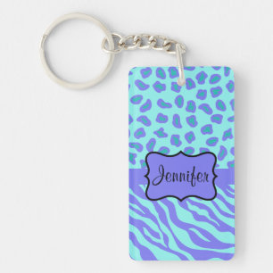 Turquoise & Lavender Zebra & Cheetah Gepersonalise Sleutelhanger