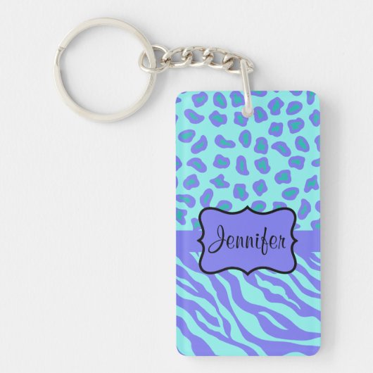 Turquoise & Lavender Zebra & Cheetah Gepersonalise Sleutelhanger (Voorkant)