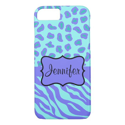 Turquoise Lavender Zebra Leopard Name Persoonlijk Case-Mate iPhone Case (Achterkant)