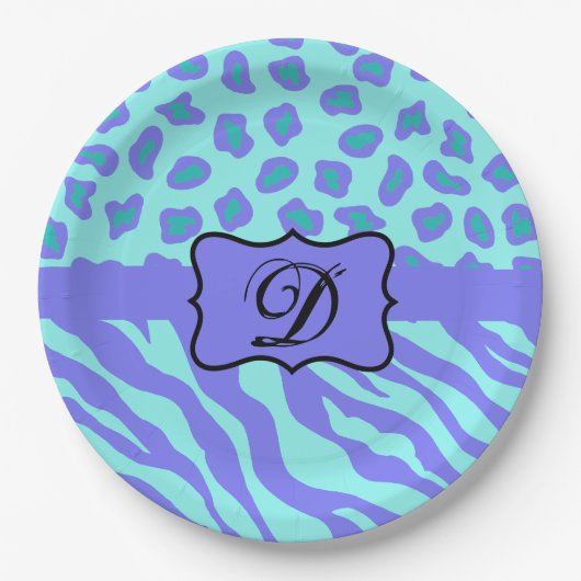 Turquoise Lavender Zebra Leopard Skin Monogram Papieren Bordje (Voorkant)