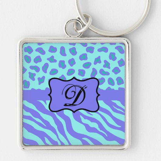 Turquoise Lavender Zebra Leopard Skin Monogram Sleutelhanger (Voorkant)