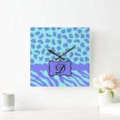 Turquoise Lavender Zebra Leopard Skin Monogram Vierkante Klok (Huis)