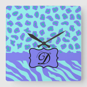 Turquoise Lavender Zebra Leopard Skin Monogram Vierkante Klok