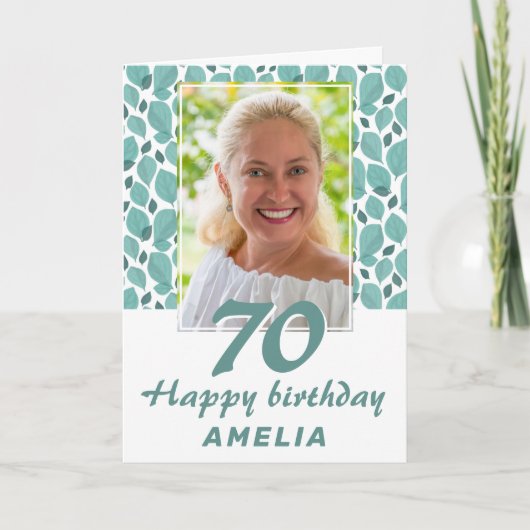 Turquoise Leaf Pattern 70th Birthday Foto Kaart (Voorkant)