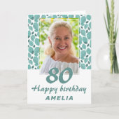 Turquoise Leaf Pattern 80th Birthday Foto Kaart (Voorkant)