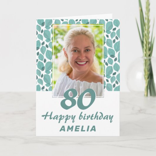 Turquoise Leaf Pattern 80th Birthday Foto Kaart (Voorkant)