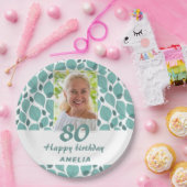 Turquoise Leaf Pattern 80th Birthday Party Foto Papieren Bordje (Feest)