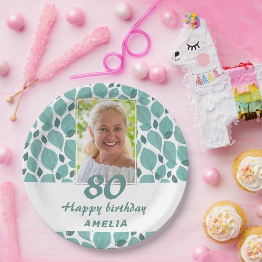 Turquoise Leaf Pattern 80th Birthday Party Foto Papieren Bordje (Feest)