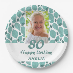 Turquoise Leaf Pattern 80th Birthday Party Foto Papieren Bordje