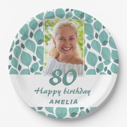 Turquoise Leaf Pattern 80th Birthday Party Foto Papieren Bordje (Voorkant)