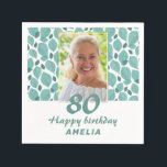 Turquoise Leaf Pattern 80th Birthday Party Foto Servet<br><div class="desc">Turquoise Leaf Pattern 80th Birthday Party Foto servetten. Voor een vrouw die haar tachtigste verjaardag viert. Elegant turquoise bladpatroon. Voeg je foto,  naam en tekst toe of wis deze. U kunt het leeftijdsnummer wijzigen.</div>