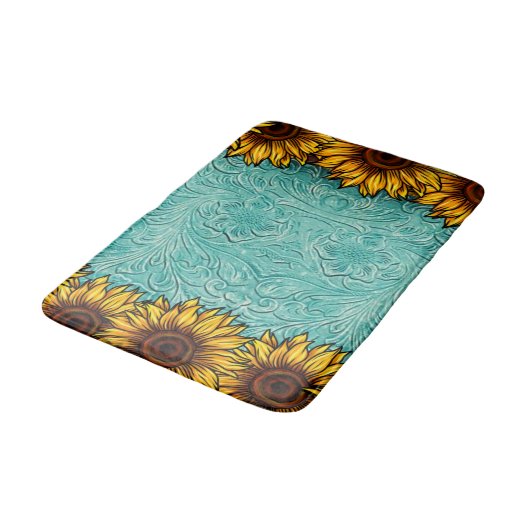 Turquoise Leather Tooled Bright Sunny Sunflower Badmat (Gekanteld)