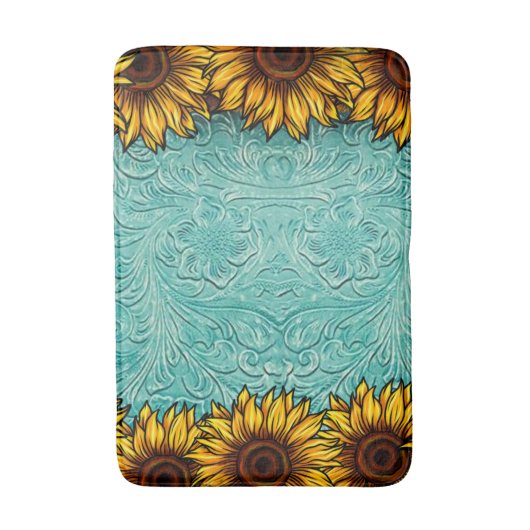 Turquoise Leather Tooled Bright Sunny Sunflower Badmat (Voorkant Verticaal)