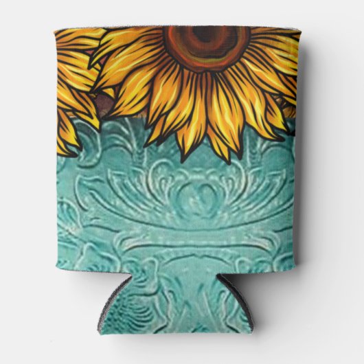 Turquoise Leather Tooled Bright Sunny Sunflower Blikjeskoeler (Voorkant)