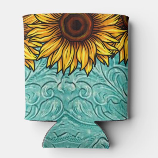 Turquoise Leather Tooled Bright Sunny Sunflower Blikjeskoeler (Achterkant)