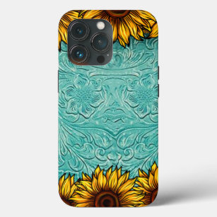 Turquoise Leather Tooled Bright Sunny Sunflower Case-Mate iPhone Case