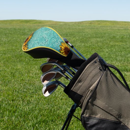 Turquoise Leather Tooled Bright Sunny Sunflower Golfheadcover (Insitu)