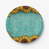 Turquoise Leather Tooled Bright Sunny Sunflower Papieren Bordje (Voorkant)