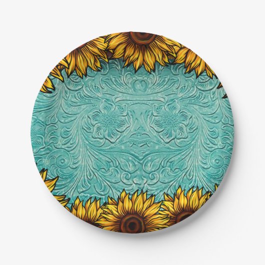 Turquoise Leather Tooled Bright Sunny Sunflower Papieren Bordje (Voorkant)
