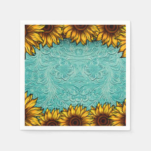 Turquoise Leather Tooled Bright Sunny Sunflower Servet