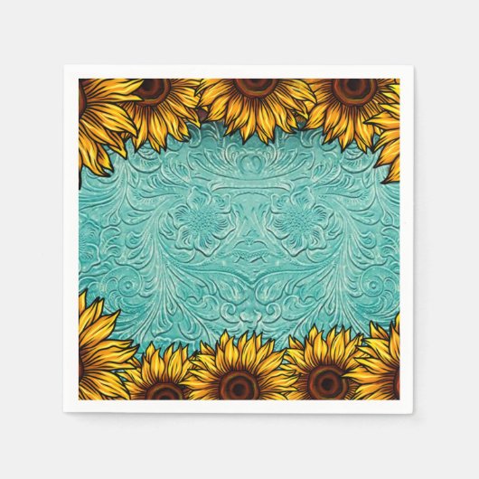 Turquoise Leather Tooled Bright Sunny Sunflower Servet (Voorkant)
