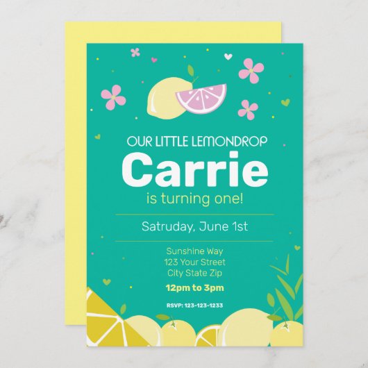 Turquoise Lemon drop Verjaardagsfeestje Uitnodigen Kaart (Voorkant / Achterkant)