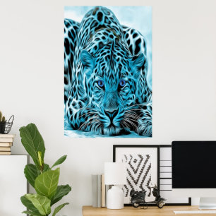 Turquoise leopard met blauwe ogen poster