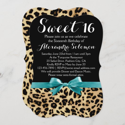 Turquoise Leopard Print Bow Sweet 16th Birthday Kaart (Voorkant / Achterkant)