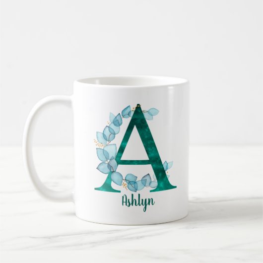 Turquoise Letter A blauwe eucalyptuskrans Koffiemok (Links)