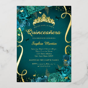 Turquoise Levendig Gouden Bloemvlinder Quinceanera Folie Uitnodiging
