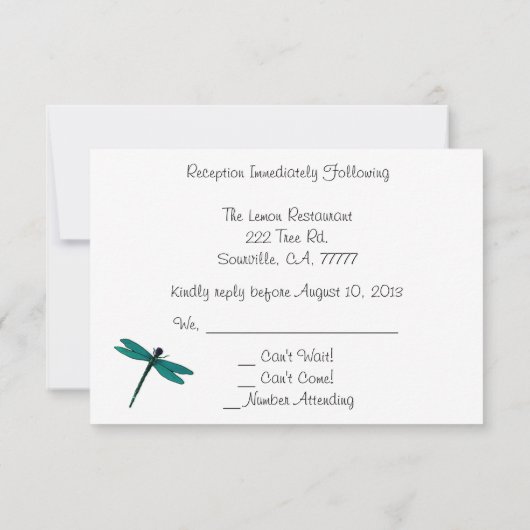 Turquoise Libellen Bruiloftsreceptie RSVP Kaart (Achterkant)