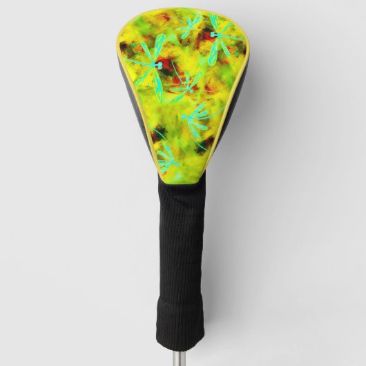 Turquoise libellen op Yellow Red Splash Golfheadcover (Voorkant)