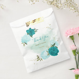 turquoise lichtblauwe bloemen bruiloft bedankzakje