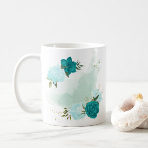 turquoise lichtblauwe bloemen  koffiemok