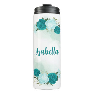 Turquoise lichtblauwe bloemen thermosbeker