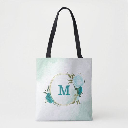 Turquoise lichtblauwe bloemen tote bag (Voorkant)