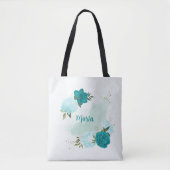 Turquoise lichtblauwe bloemen tote bag (Voorkant)