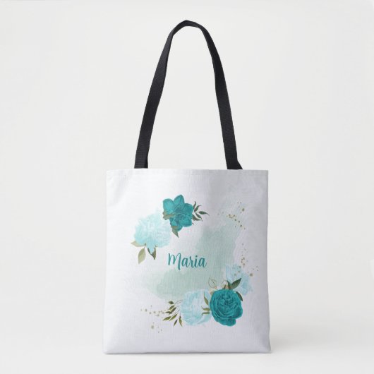 Turquoise lichtblauwe bloemen tote bag (Voorkant)