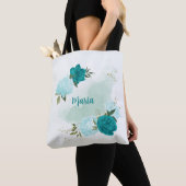 Turquoise lichtblauwe bloemen tote bag (Dichtbij)