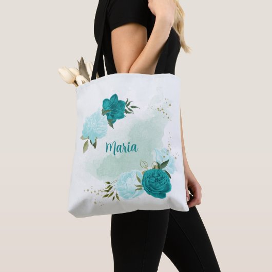 Turquoise lichtblauwe bloemen tote bag (Dichtbij)