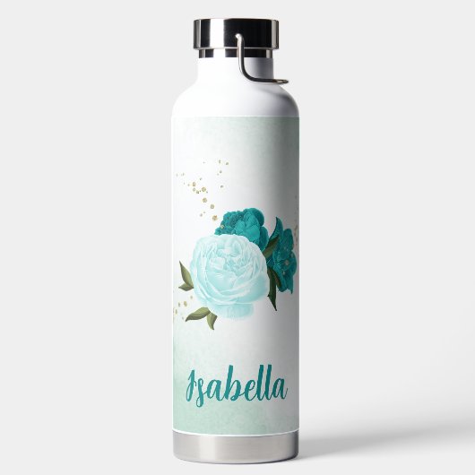 turquoise lichtblauwe bloemen waterfles (Links)