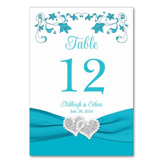 Turquoise liefde harten bruiloft tafel nummer Kaar Kaart (Achterkant)