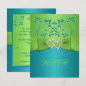 Turquoise, Lime Bloem Hartjes Verbonden RSVP Kaart (Voorkant / Achterkant)