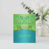 Turquoise, Lime Bloem Hartjes Verbonden RSVP Kaart (Staand voorkant)