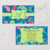 Turquoise Lime Green Modern Paisley Monogram Visitekaartje (Voorkant / Achterkant)