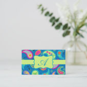 Turquoise Lime Green Modern Paisley Monogram Visitekaartje (Staand voorkant)