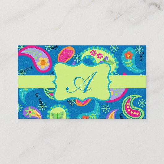 Turquoise Lime Green Modern Paisley Monogram Visitekaartje (Voorkant)