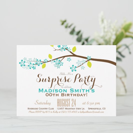 Turquoise, Limoen, Bruin Verjaardag Surprise Party Kaart (Staand voorkant)