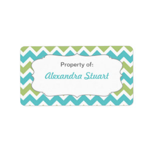 Turquoise & Limoen Chevron Property of School-id Etiket